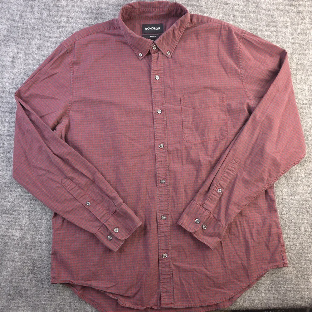 Bonobos Shirt XL Athletic Fit Red Gray Check Long Sleeve Button Down Stretch